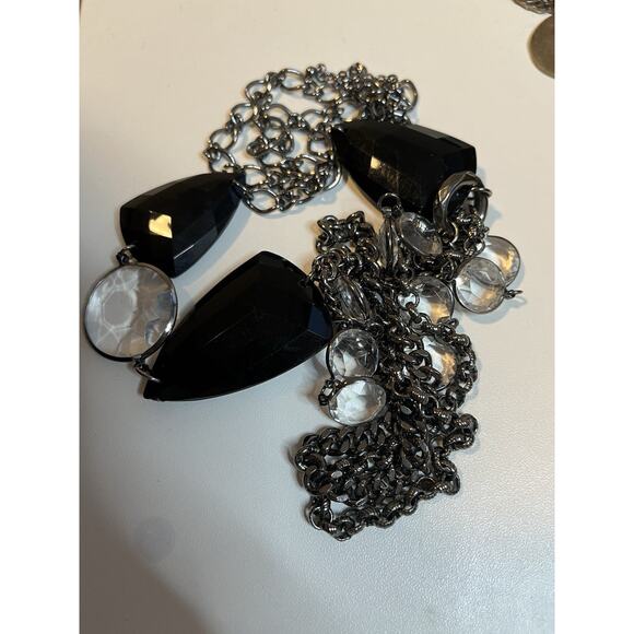VTG Gunmetal Black & Clear Bezel Acrylic Bead Drop Chain Scoop Necklace 30” - Picture 3 of 4